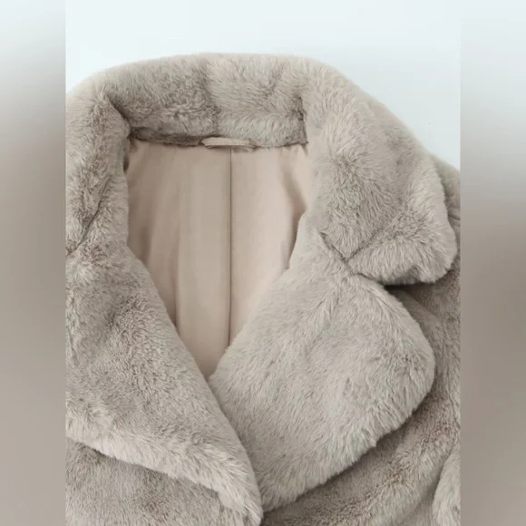 Faux Fur Button Up Lapel Neck Coat with Pockets - Picture 3 of 4